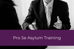 [ai] A man in a suit gestures while speaking, with another person partially visible in the foreground. The background features text stating "Pro Se Asylum Training" in a purple box.